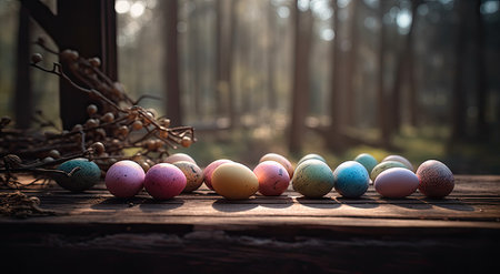 Colorful easter eggs on a wooden table in the autumn forestの素材