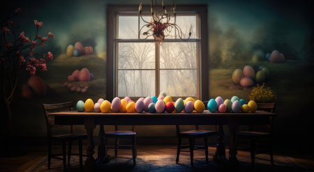 Colorful Easter eggs in the dining room with a window and a wooden tableの素材