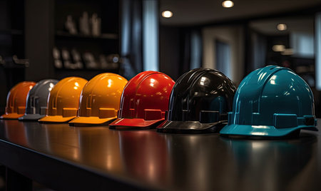 Construction helmets on the table in the office. Selective focus.の素材