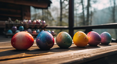 Colorful easter eggs on a wooden table with blurred background.の素材