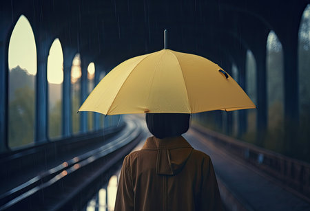 Man in raincoat with yellow umbrella standing on the railway bridge.の素材