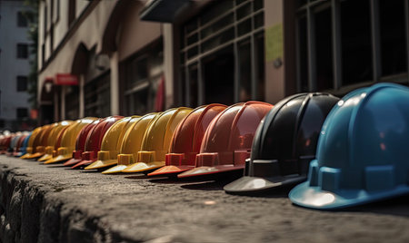 A row of safety helmets in a row on a construction site.の素材