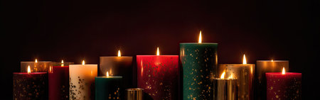 Burning candles on dark background, panoramic banner with copy spaceの素材
