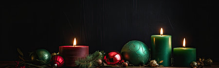 Christmas background with burning candles and christmas decorations. Copy space.の素材