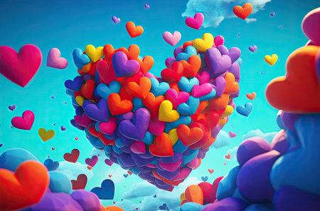 Colorful hearts on a blue sky background. 3D rendering.の素材