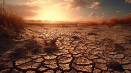 Dry land with cracks in the sunset. 3d render.の素材