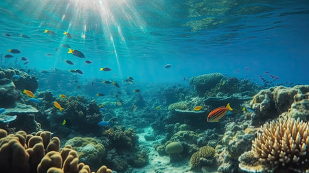 Underwater view of tropical coral reef with fishes and corals.の素材