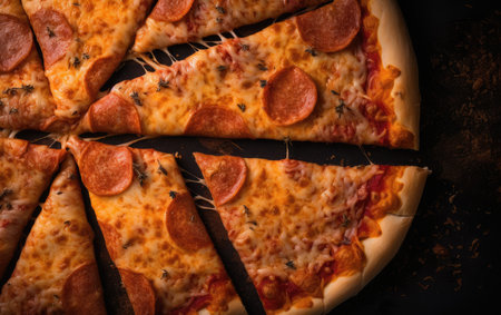 Slices of pizza with salami and mozzarella on black backgroundの素材