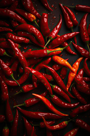 Red hot chili peppers on black background. Top view. Flat lay.の素材