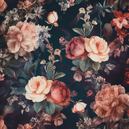 vintage floral background with roses and peony flowers, retro styleの素材