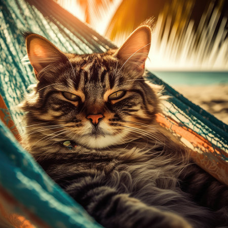 Portrait of a cat lying in hammock on the beach.の素材