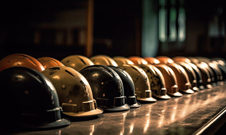 Safety helmets in a row. Selective focus. Toned.の素材