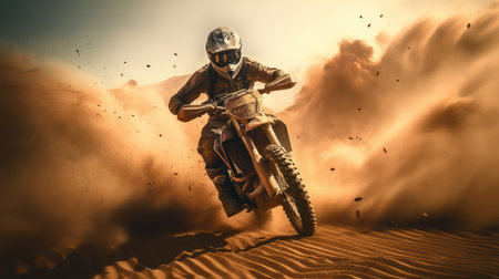 Motocross racer accelerating in dust track. motocross bike in a race representing the concept of speed and power in extreme man sport. Generative Ai.の素材