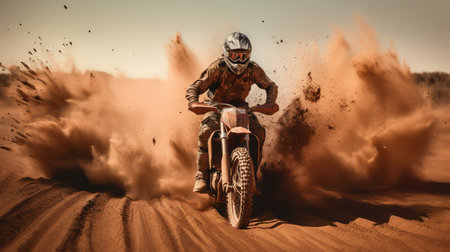 Motocross racer accelerating in dust track. motocross bike in a race representing the concept of speed and power in extreme man sport. Generative Ai.の素材