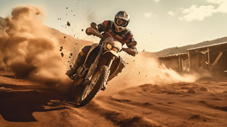 Motocross racer accelerating in dust track. motocross bike in a race representing the concept of speed and power in extreme man sport. Generative Ai.の素材