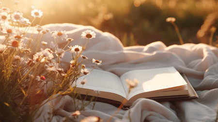 flowers lie on an open book on a blurred background. Generative Ai.の素材