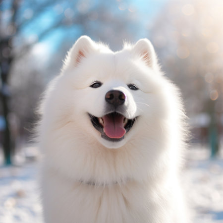 White Samoyed dog portrait. The Samoyed dog makes a variety of naughty and lovely, happy and sad expressions. Generative Ai.の素材