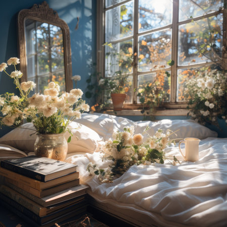 A bouquet of meadow flowers and old books on a wooden windowsill. Generative Ai.の素材