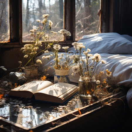 A bouquet of meadow flowers and old books on a wooden windowsill. Generative Ai.の素材