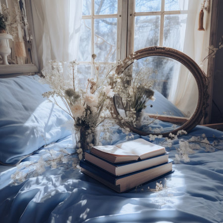 A bouquet of meadow flowers and old books on a wooden windowsill. Generative Ai.の素材