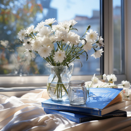 A bouquet of meadow flowers and old books on a wooden windowsill. Generative Ai.の素材