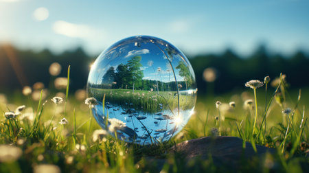 Globe planet glass In a green forest with bokeh nature lights. world environment day. the concep for environment conservation, protect ecology earth and eco-friendly environmentalの素材