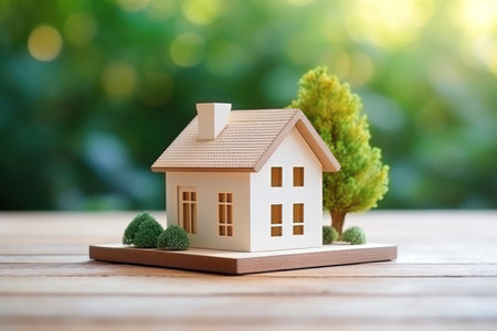House model with blur nature background, money, saving and investment or family planning concept. Generative Ai.の素材