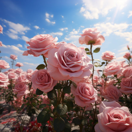 Pink pale roses bush over summer garden or park nature background. Roses garden, outdoor. Generative Ai.の素材