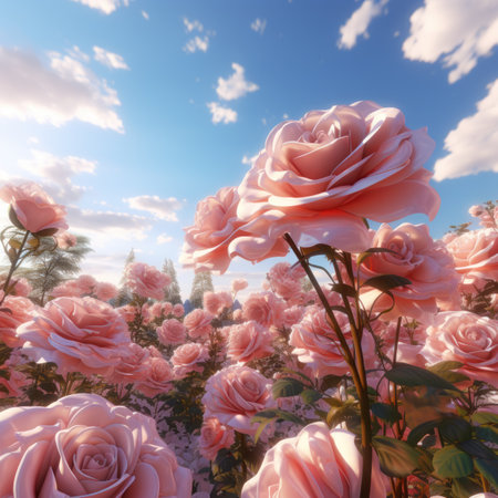 Pink pale roses bush over summer garden or park nature background. Roses garden, outdoor. Generative Ai.の素材