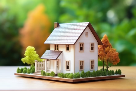 House model with blur nature background, money, saving and investment or family planning concept. Generative Ai.の素材