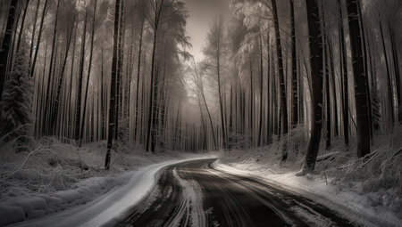 Snowy and frozen mountain road in winter landscape. Generative Ai.の素材