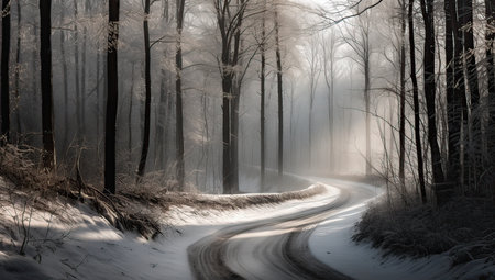 Snowy and frozen mountain road in winter landscape. Generative Ai.の素材