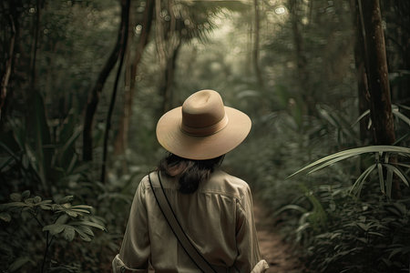 Woman with backpack hiking in forest at springtime. Woodland with flowering wild garlic. Adventure in beautiful nature. Generative Aiの素材
