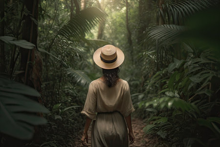 Woman with backpack hiking in forest at springtime. Woodland with flowering wild garlic. Adventure in beautiful nature. Generative Aiの素材