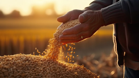 The hands of a farmer close up pour a handful of wheat grains in a wheat field. Generative Ai.の素材