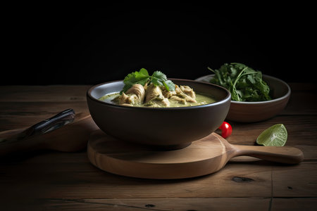 Green curry (Kaeng kheiyw hwan) with Thai food for steamed rice or rice noodles. Thai food very popular. Generative Ai.の素材