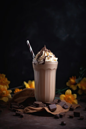 Chocolate milkshake with ice cream and with whipped cream, marshmallow, sweet popcorn, cookies, waffles, served in glass mason jar. Generative Ai.の素材