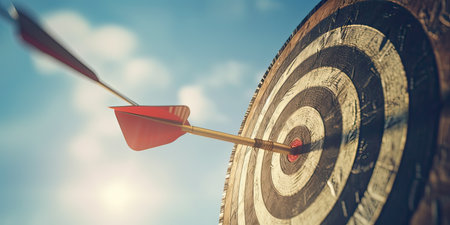 high success concept A red dart arrow aims at the target in the center of the dartboard. Target hit in the middle. Generative Ai.の素材