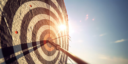 high success concept A red dart arrow aims at the target in the center of the dartboard. Target hit in the middle. Generative Ai.の素材