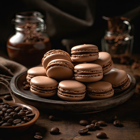 macarons sweet chocolate macaron French on the plate with wooden table. Generative Ai.の素材