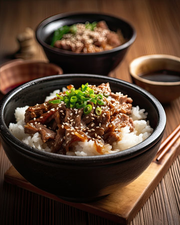 Gyudon - a bowl of rice with sliced beef, onion and sweet sauce. Generative Ai.の素材