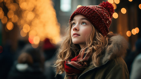 A beautiful woman in a sweater and Beanies was smiling in the winter season.の素材