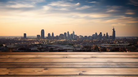 The empty wooden table top with blur background of the downtown business district.の素材