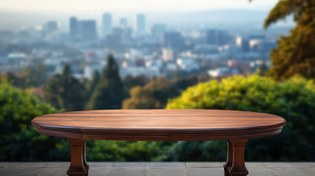 The empty wooden table top with blur background of the downtown business district.の素材