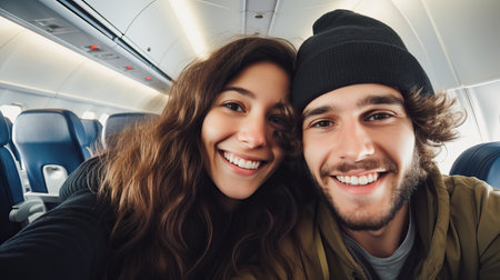 Happy tourist taking selfie inside airplane - Cheerful couple on summer vacation - Passengers boarding on plane - Holidays and transportation conceptの素材