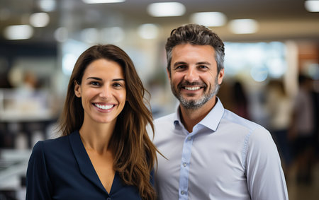 Portrait closeup of two businessmen and businesswomen partners dressed in formal suit standing outside job center during working meetingの素材