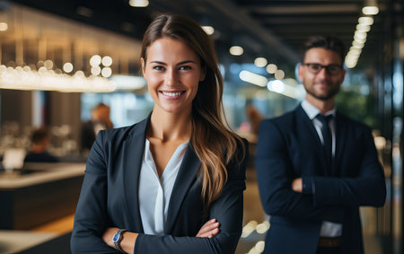 Portrait closeup of two businessmen and businesswomen partners dressed in formal suit standing outside job center during working meetingの素材