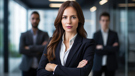Waist up portrait of young businesswoman standing with arms crossed and smiling at camera, copy spaceの素材