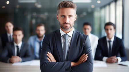 Handsome business man standing confident in the office in front of his teamの素材