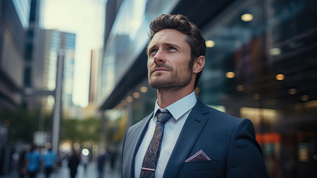 The manager is a man in a business suit near the office. A professional financier goes to work and looks away.の素材